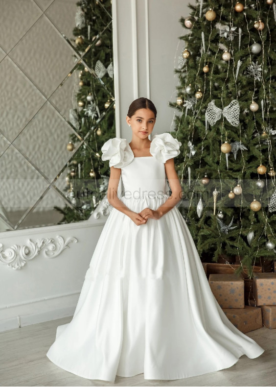 Ivory Satin Unique Flower Girl Dress Communion Dress